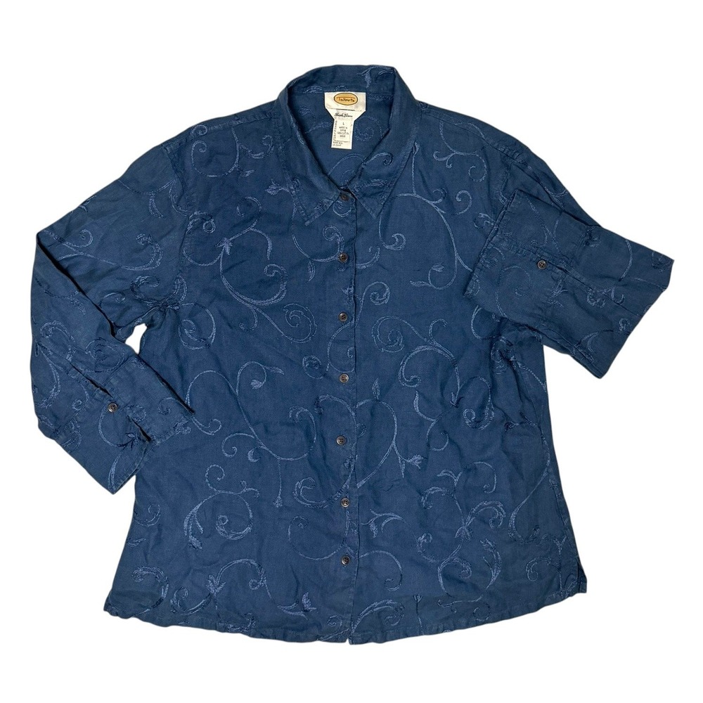 Talbots Irish Linen Embroidered Button Down Shirt Blue Large Womens